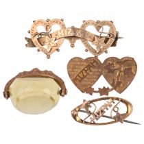 Various 9ct gold jewellery, including Mizpah heart brooches, spinner fob, etc, largest brooch 40.