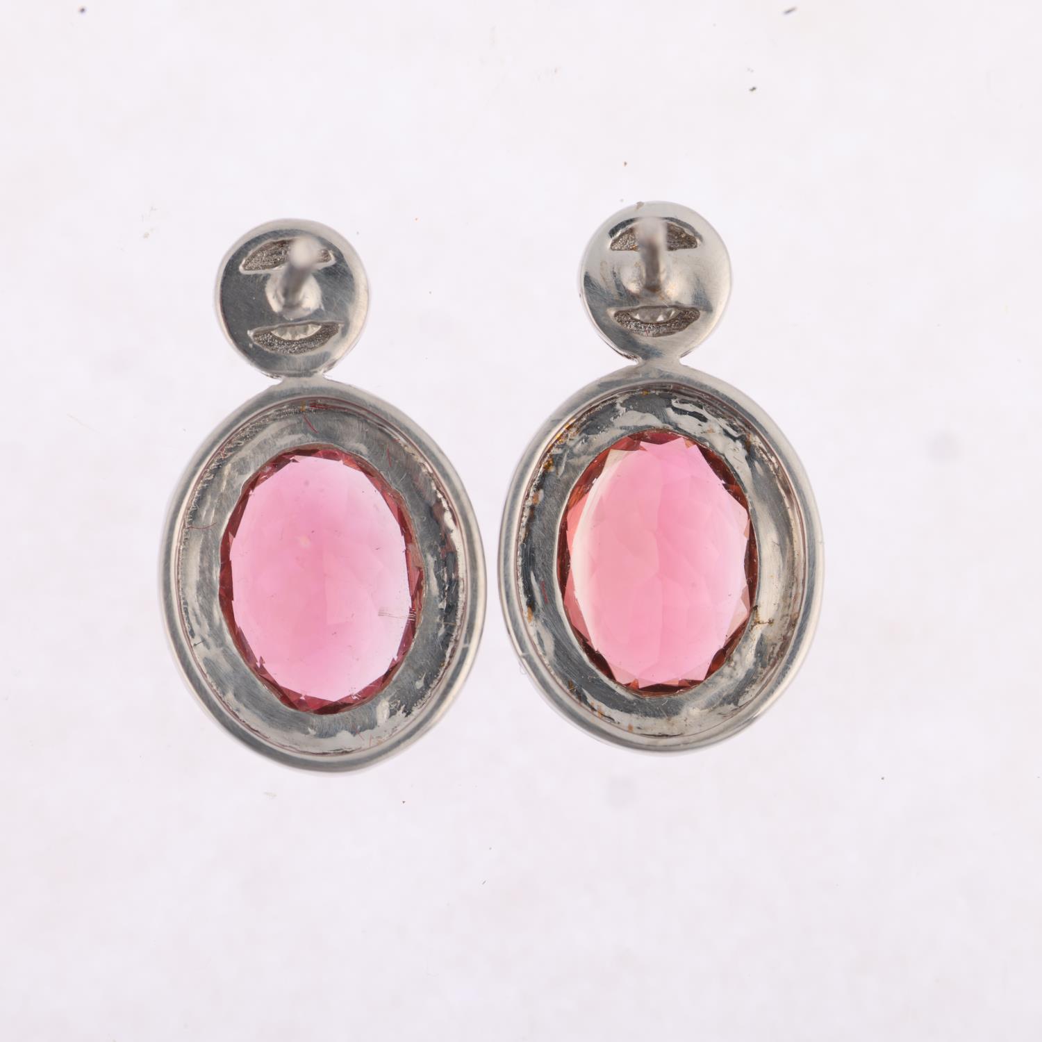 A pair of 18ct white gold pink tourmaline and diamond earrings, maker M&A, London 2018, rub-over set - Image 2 of 4
