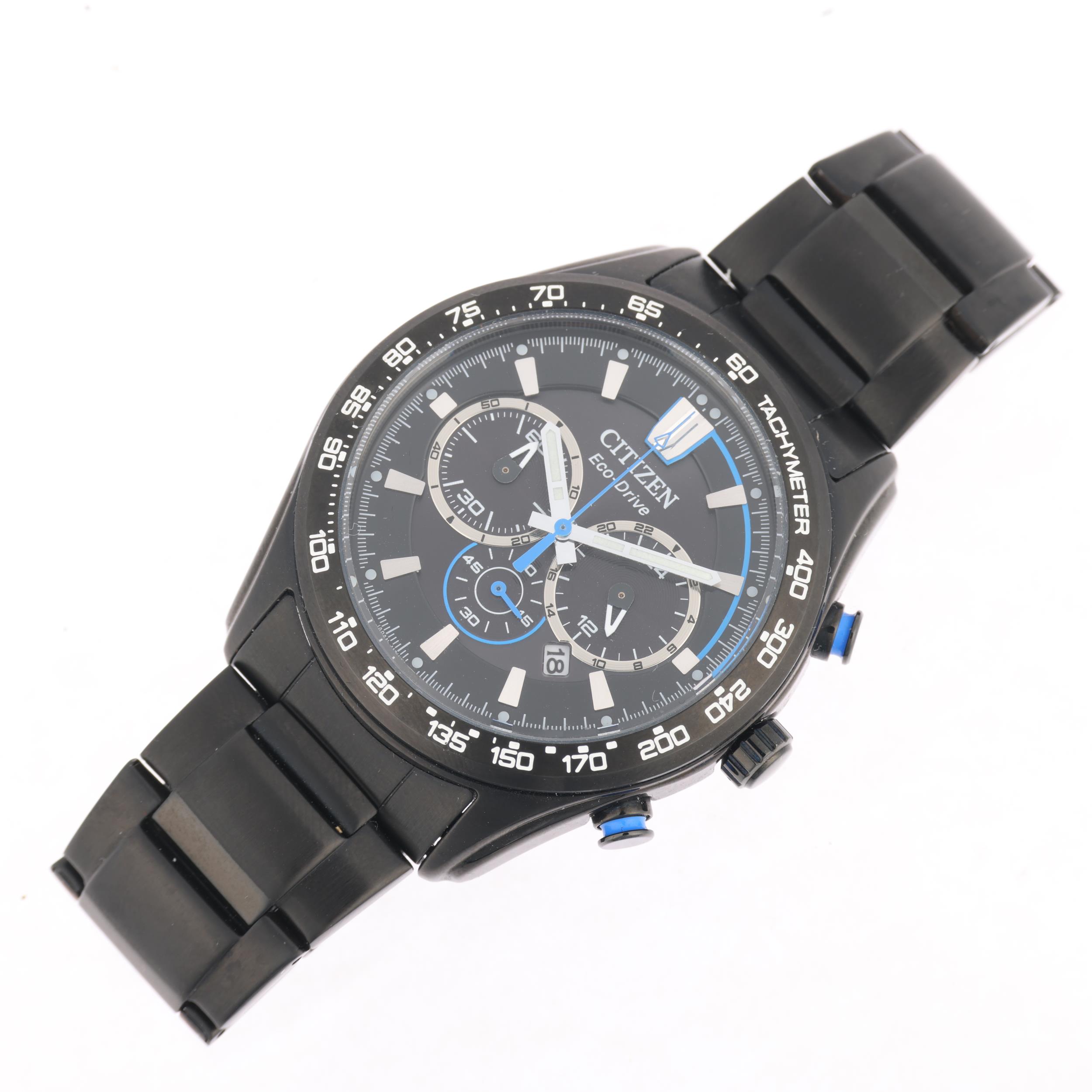 CITIZEN - a black coated stainless steel Eco-Drive quartz chronograph calendar bracelet watch, - Image 2 of 5