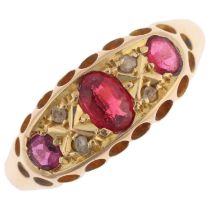 An early 20th century seven stone ruby and diamond half hoop ring, apparently unmarked, setting