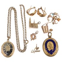 Various jewellery, including 9ct gold, 12.6g weighable, 2 enamel locket pendants, etc Lot sold as