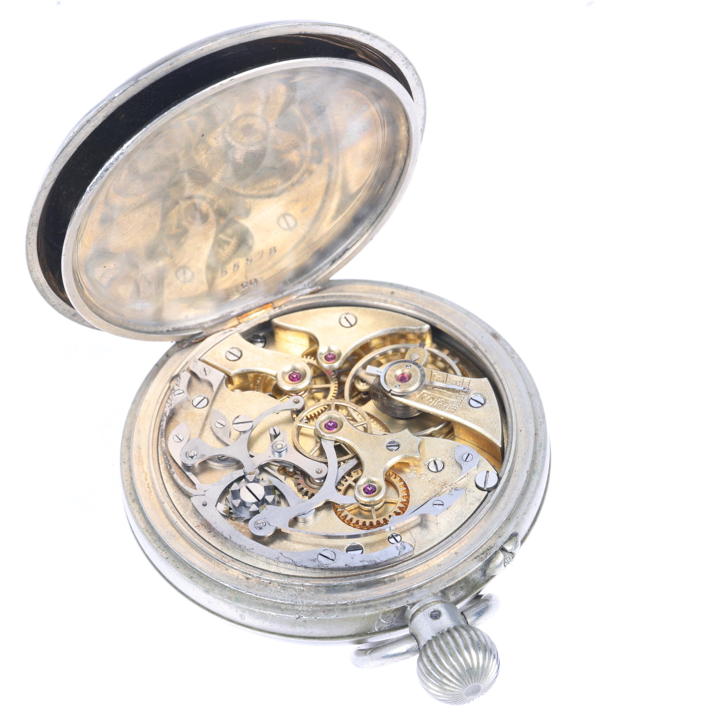 An early 20th century nickel open-face keyless chronograph pocket watch, white enamel dial with - Image 4 of 5