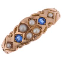 An early 20th century 9ct rose gold split pearl and blue paste half hoop ring, maker B&H, Birmingham