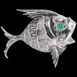 A Spanish silver figural fish pepperette, with cabochon green glass eyes, pentagram mark on dorsal