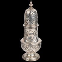 A George II silver baluster caster, Thomas Bamford, London 1734, with later relief embossed floral