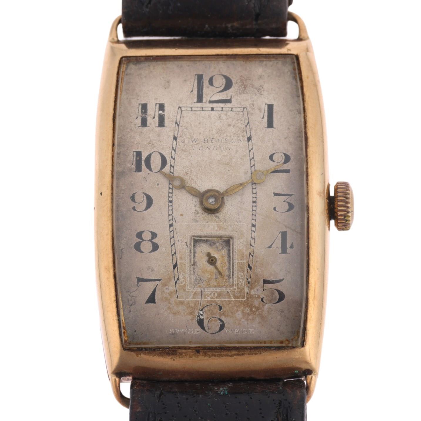 J W BENSON - an Art Deco 9ct gold mechanical wristwatch, circa 1930s, silvered dial with Arabic