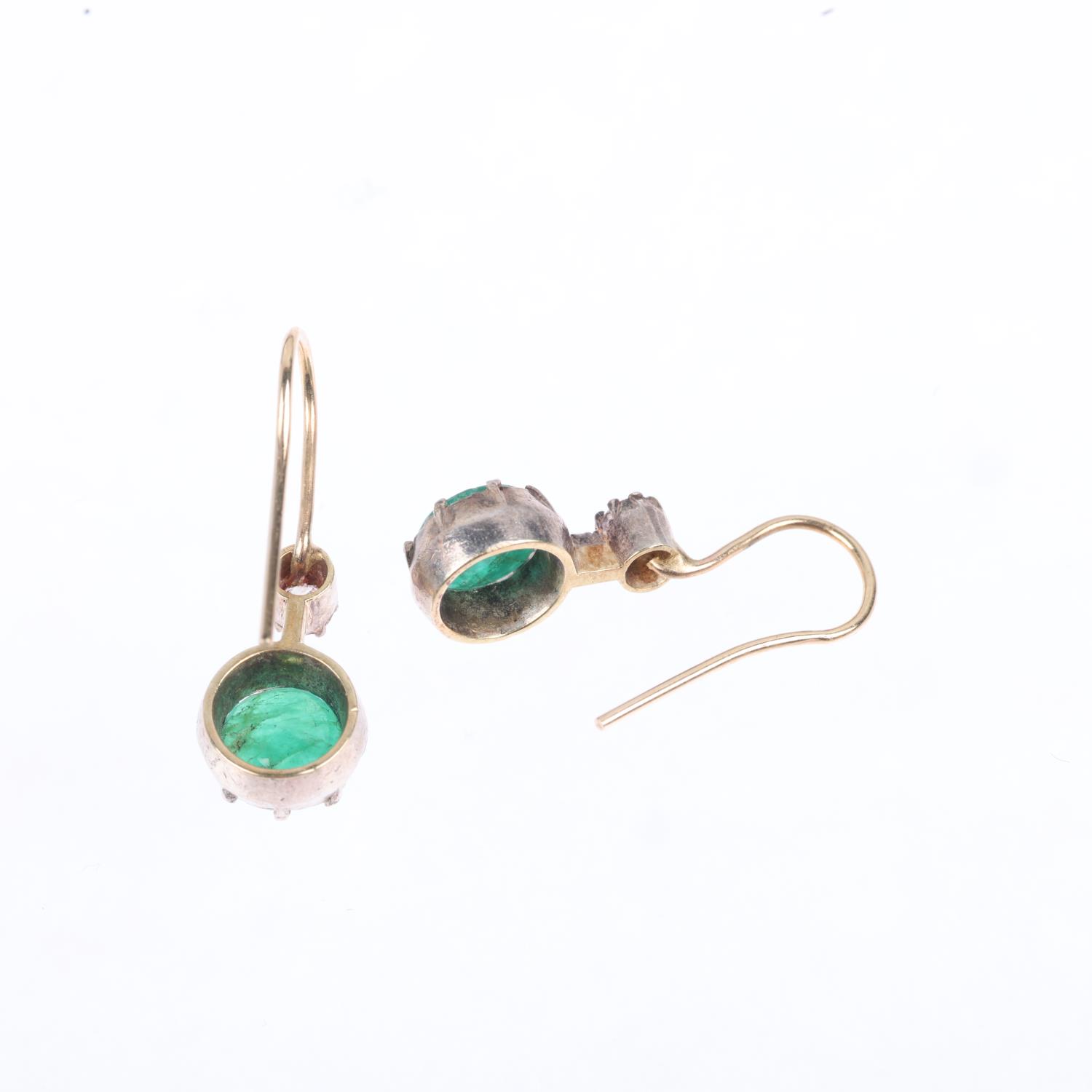 A pair of emerald and diamond drop earrings, in the Georgian style, cut-down collet set with round- - Image 3 of 4
