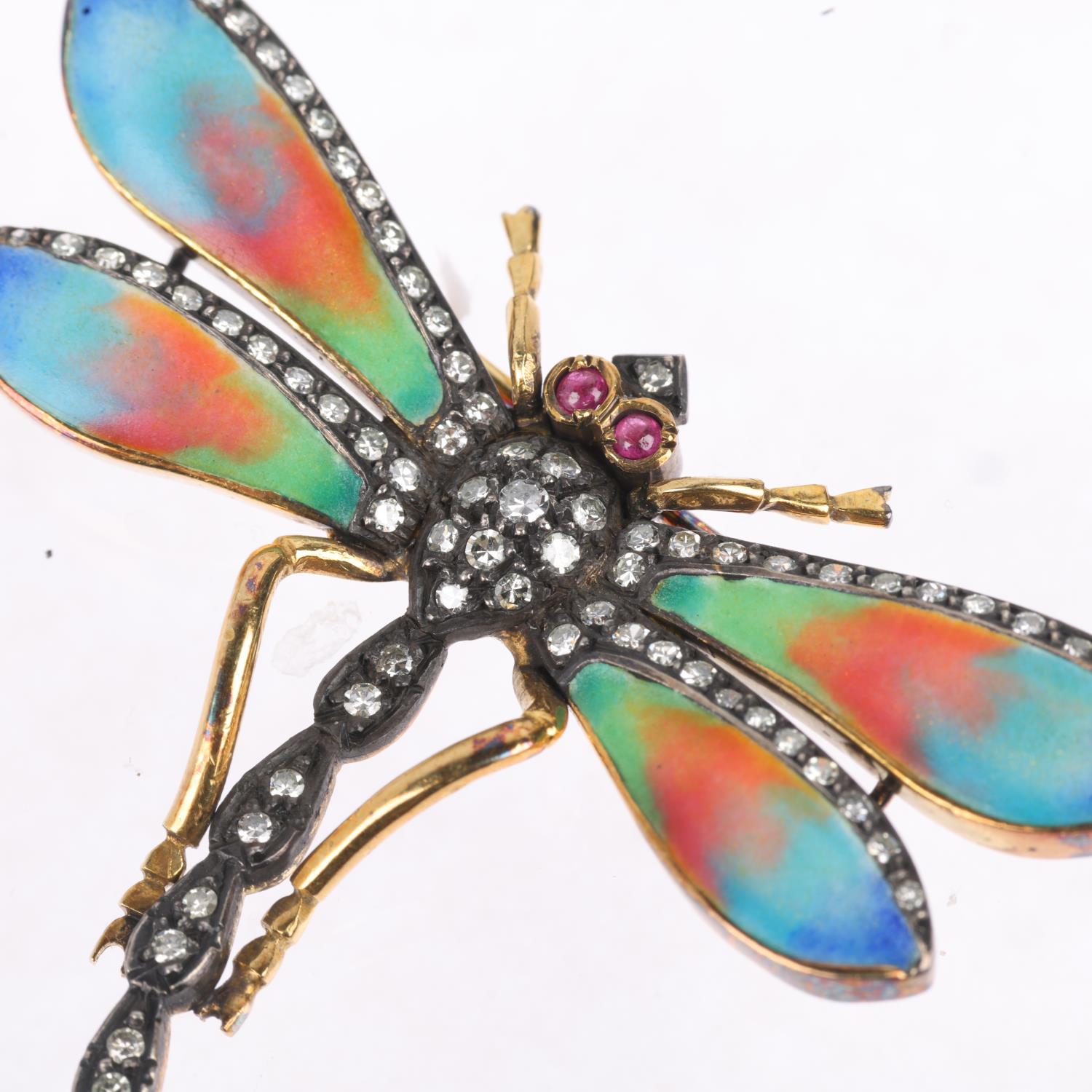 An 18ct gold ruby diamond and enamel figural dragonfly brooch, in the Victorian style, set with - Image 2 of 4