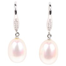 A pair of 9ct white gold whole pearl and diamond drop earrings, with shepherd hook fittings, 31mm,