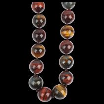 A large single-row sterling silver tigers eye bead necklace, beads measure 20.2mm, 46cm, 266g No
