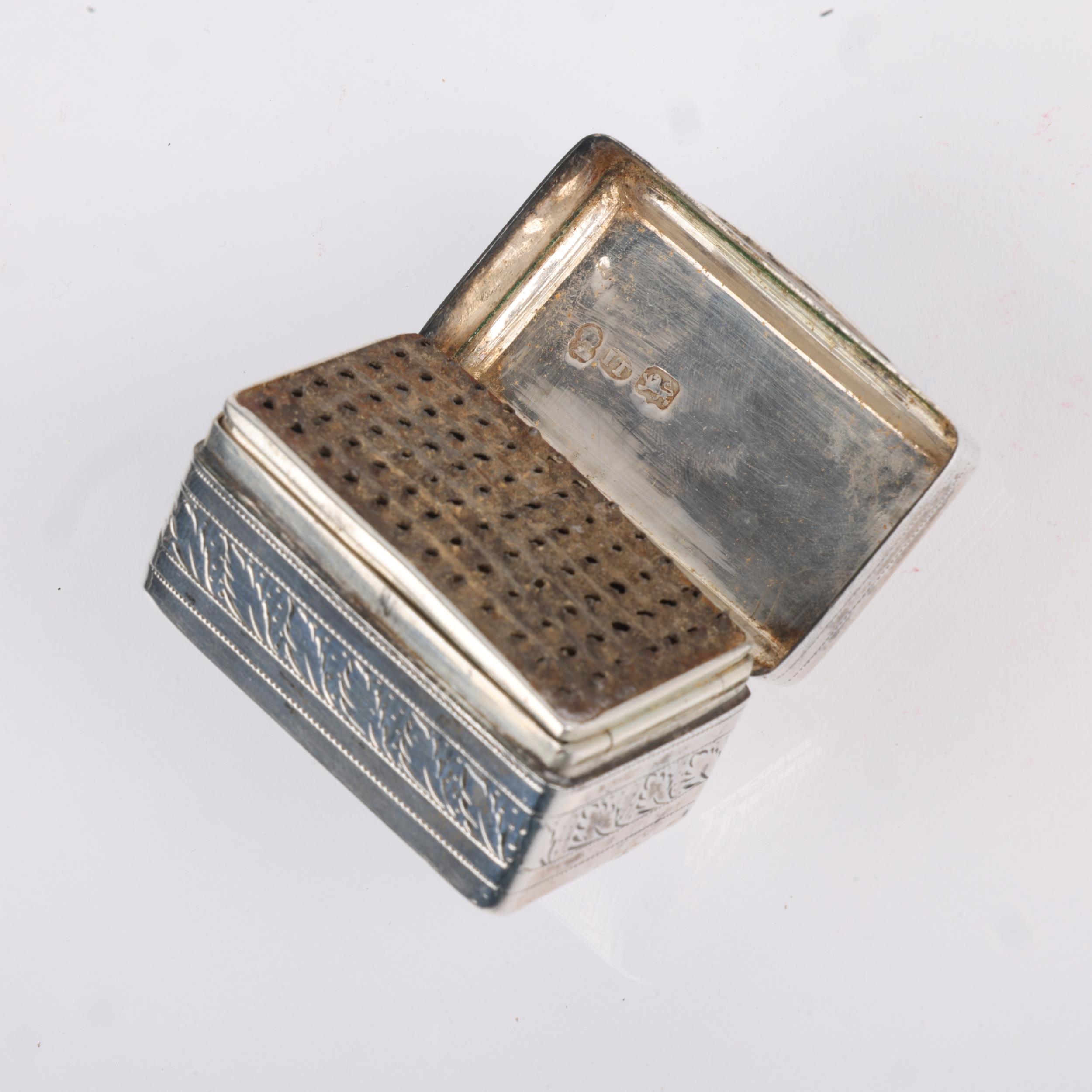 A George IV nutmeg grater, John Thropp, Birmingham 1825, rectangular form, with allover bright-cut - Image 2 of 3