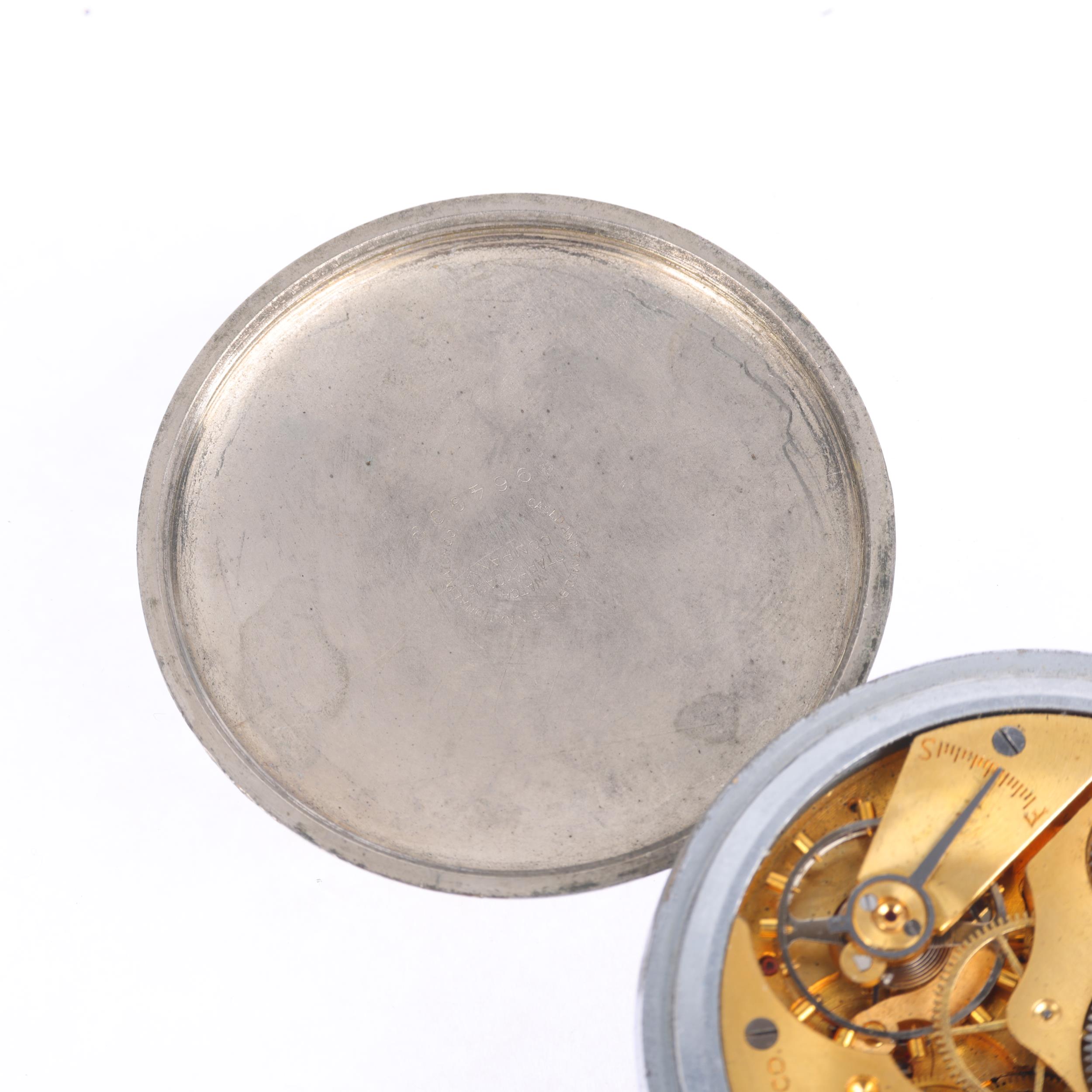 ELGIN - a Second World War Period nickel plated open-face keyless pocket watch, black dial with - Image 4 of 5