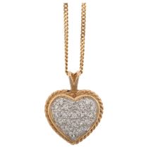 A 9ct gold diamond heart pendant necklace, pave set with modern round brilliant-cut diamonds on