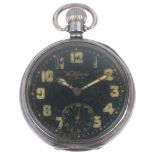 WALTHAM - a silver open-face keyless pocket watch, black enamel dial with Arabic numerals, cathedral