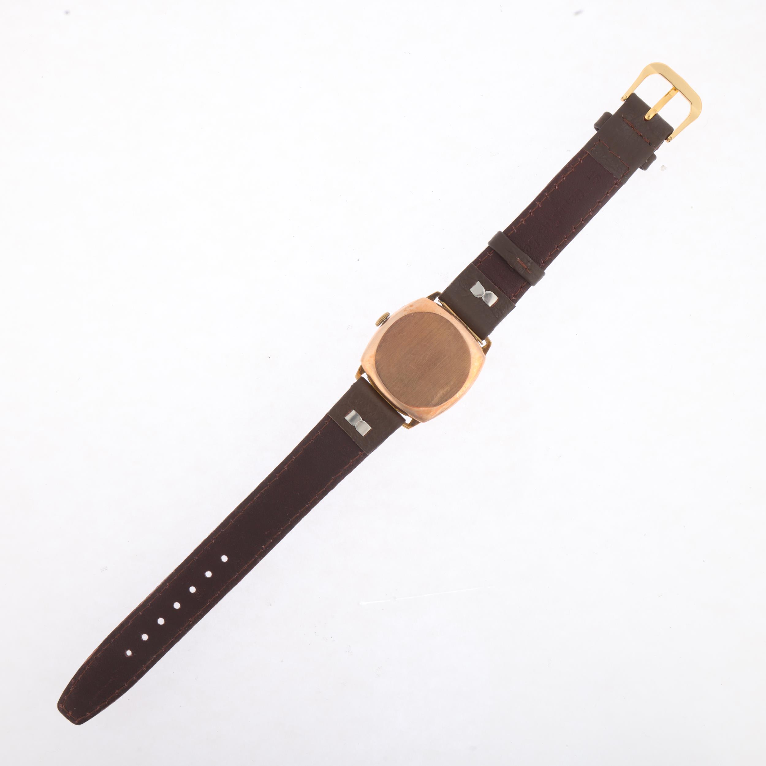 A mid-20th century 9ct rose gold cushion-cased mechanical wristwatch, silvered dial with applied - Image 3 of 5
