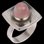 NIELS ERIK FROM - a a Danish modernist sterling silver rose quartz dress ring, concave square