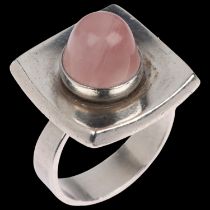 NIELS ERIK FROM - a a Danish modernist sterling silver rose quartz dress ring, concave square