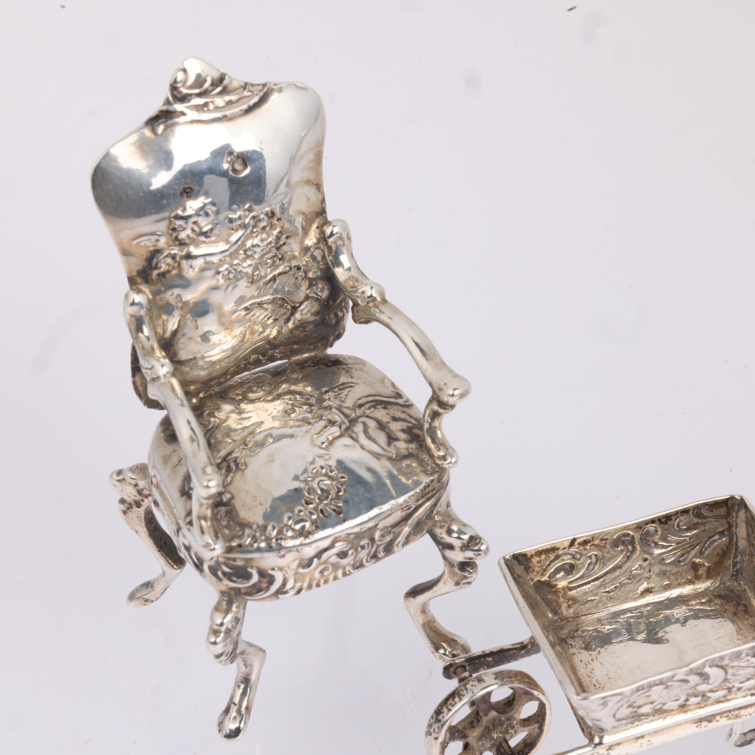 4 German novelty silver doll's house items, including rocking chair, Sheffield 1905, wheel barrow, - Image 3 of 3