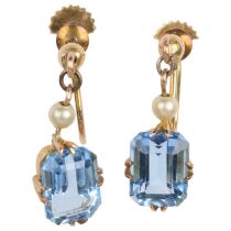 A pair of 9ct gold blue topaz and pearl drop earrings, with screw fittings, 16.9mm, 1.7g No damage