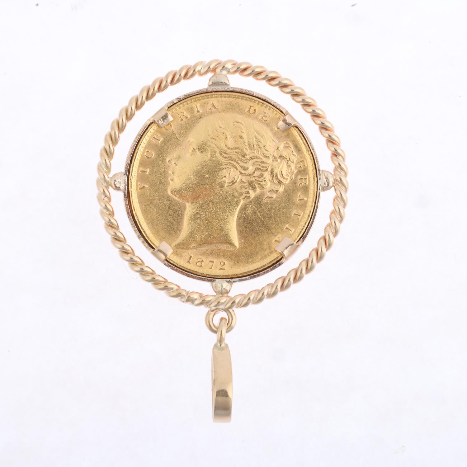 A Queen Victoria 1872 gold full sovereign coin, in unmarked 9ct gold pendant mount, diameter 29.6mm, - Image 2 of 4