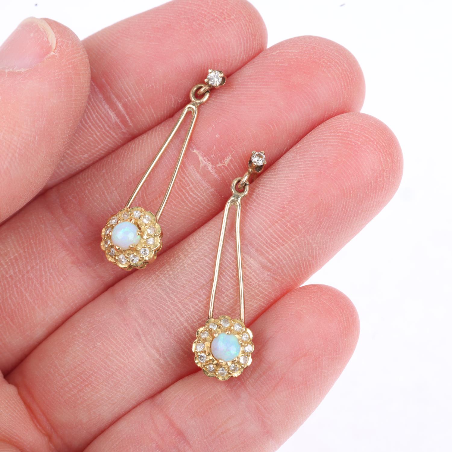 A pair of opal and diamond flowerhead cluster drop earrings, with stud fittings, apparently - Image 3 of 4