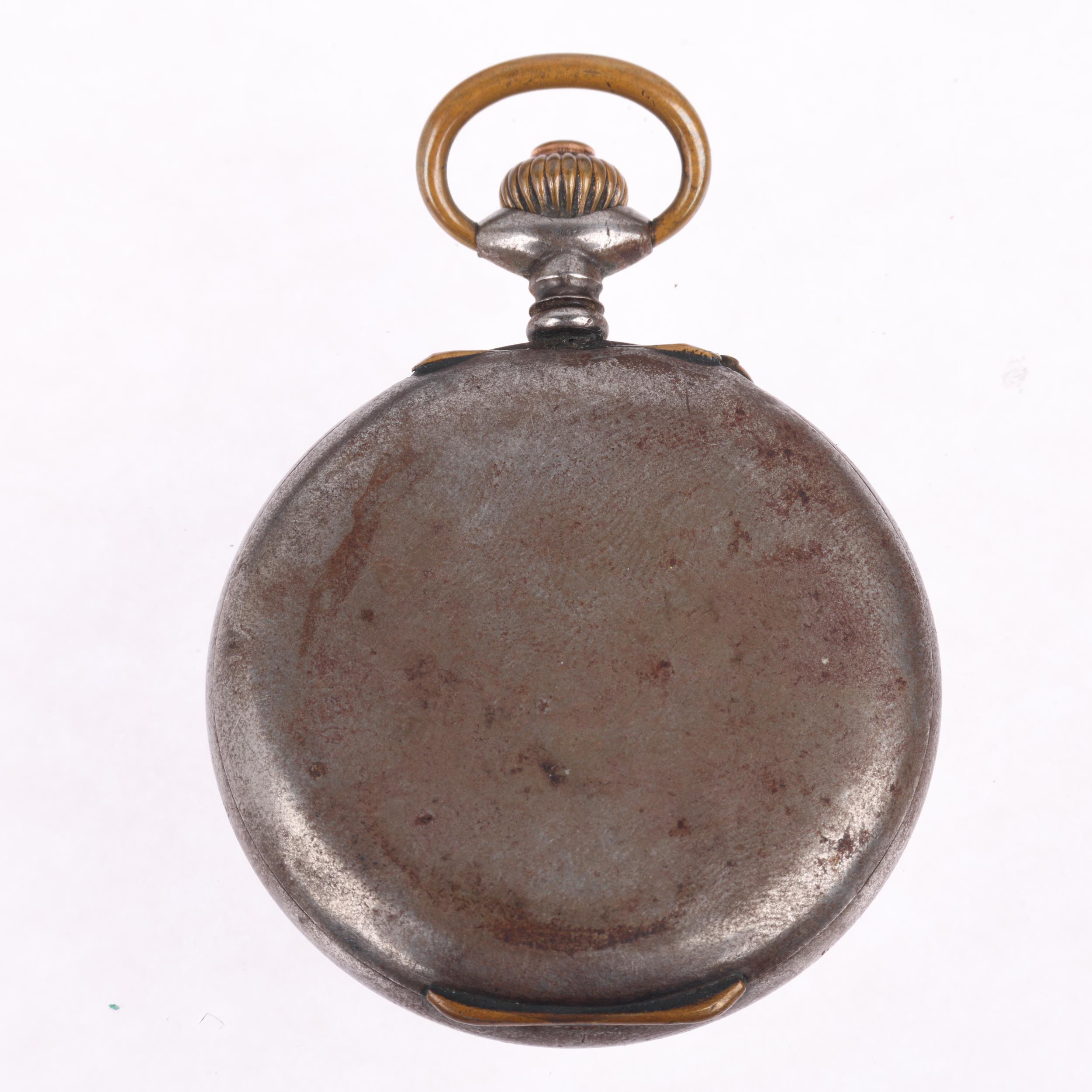 A First World War Period gun-metal open-face keyless alarm pocket watch, white enamel dial with - Image 2 of 5