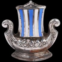 AKSEL HOLMSEN - a Danish sterling silver and enamel Viking Revival 'Viking Ship' hat pin holder,