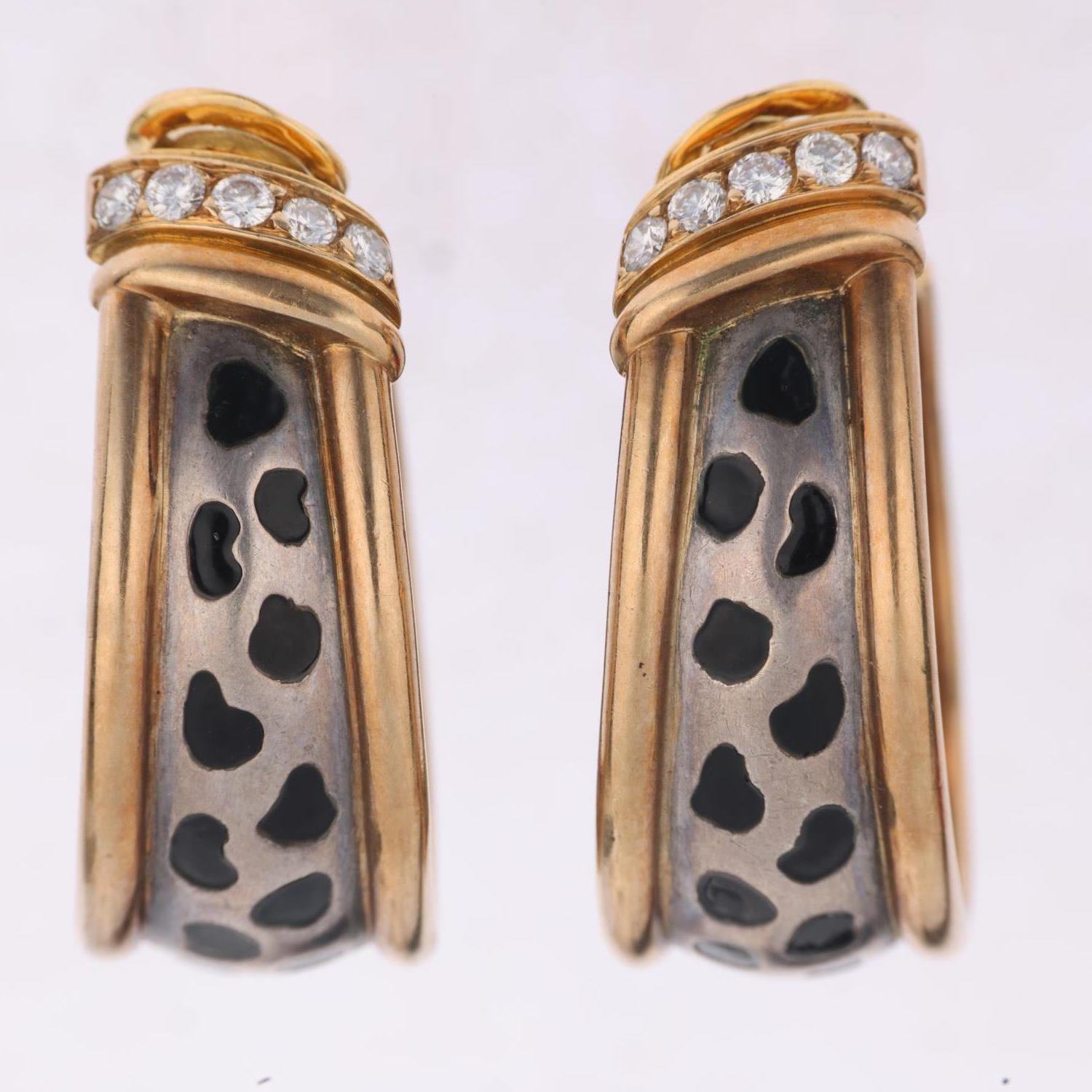 GAY FRERES - a pair of French 18ct gold silver diamond and enamel 'Leopard Spot' hoop clip-on - Image 2 of 4