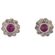 A pair of ruby and diamond flowerhead cluster earrings, with stud fittings, apparently unmarked, 8.