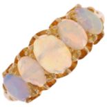 An early 20th century graduated five stone opal half hoop ring, set with oval cabochon opals,