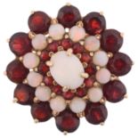 A large late 20th century 9ct gold opal and garnet flowerhead cluster ring, maker OMJ, London