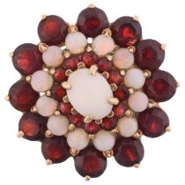 A large late 20th century 9ct gold opal and garnet flowerhead cluster ring, maker OMJ, London