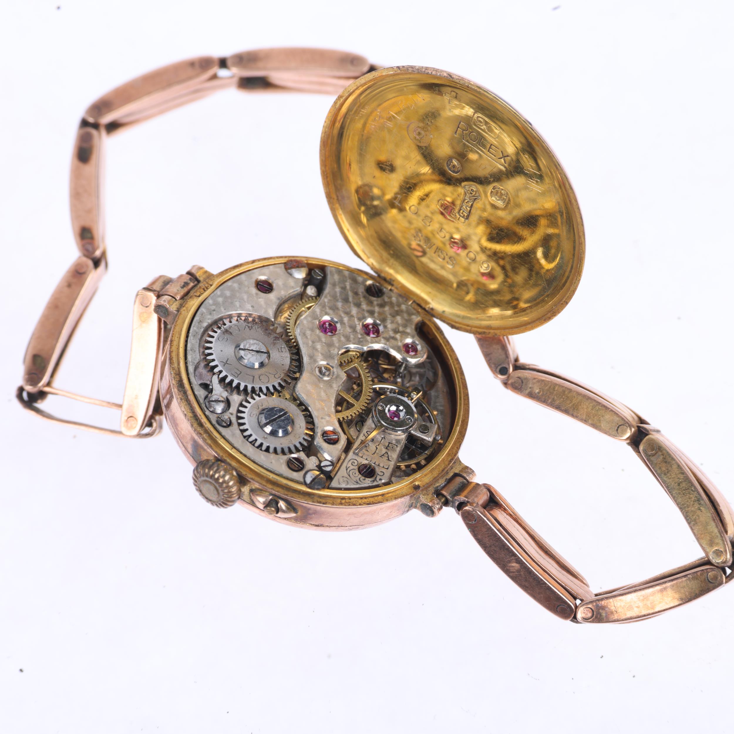 ROLEX - a First World War Period 9ct rose gold mechanical bracelet watch, silvered engine turned - Image 4 of 5