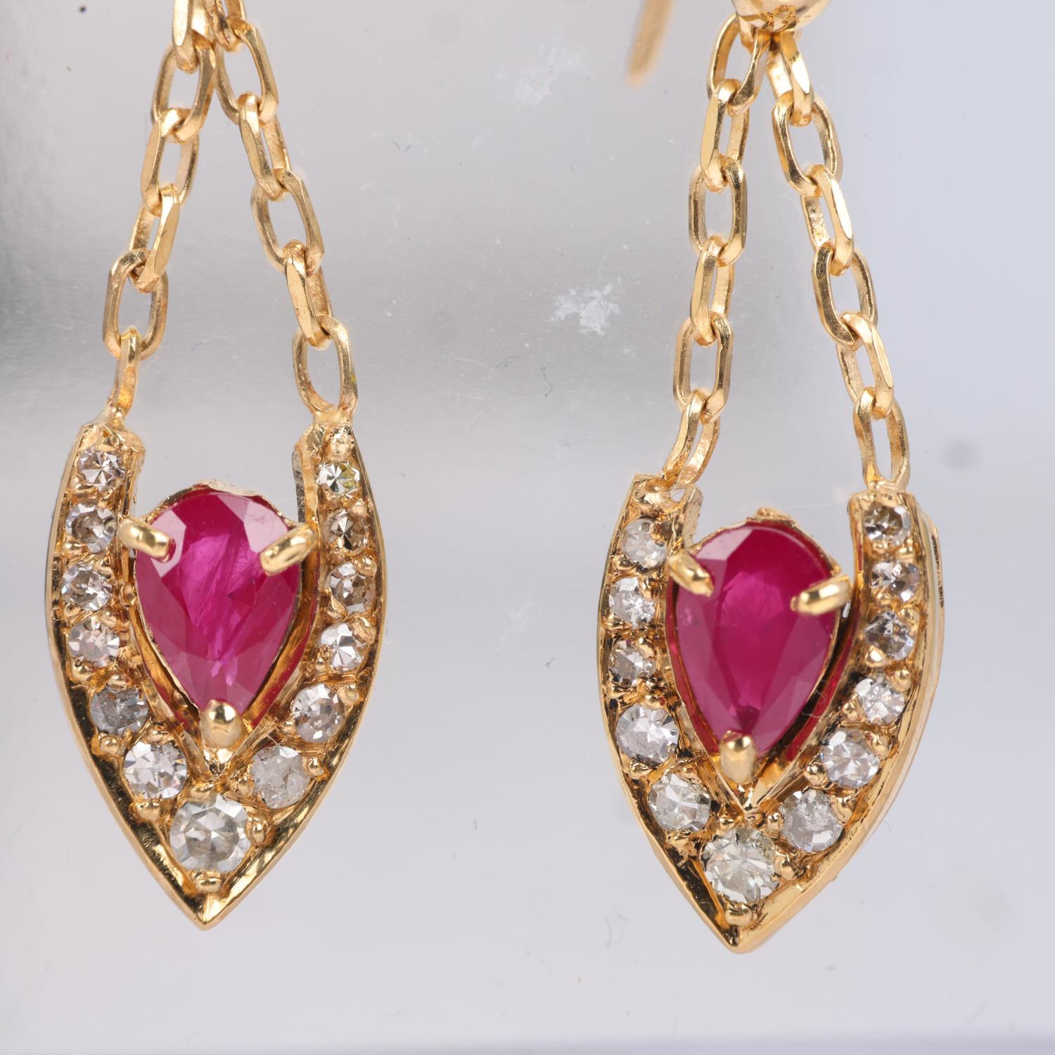 A pair of Italian 18ct gold ruby and diamond marquise drop earrings, set with pear-cut rubies, - Image 2 of 4