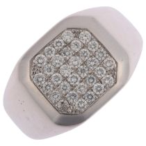 An 18ct white gold diamond signet ring, pave set with modern round brilliant-cut diamonds, total