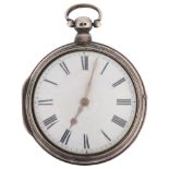 A mid-19th century silver pair-cased open-face key-wind verge pocket watch, white enamel dial with
