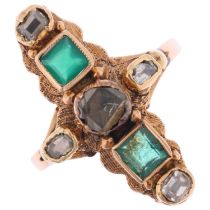 A Victorian emerald and diamond cruciform ring, circa 1840, collet set with table-cut diamonds,