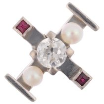 A a Danish modernist 14ct white gold ruby cultured pearl and diamond dress ring, by Jorgen Larsen,