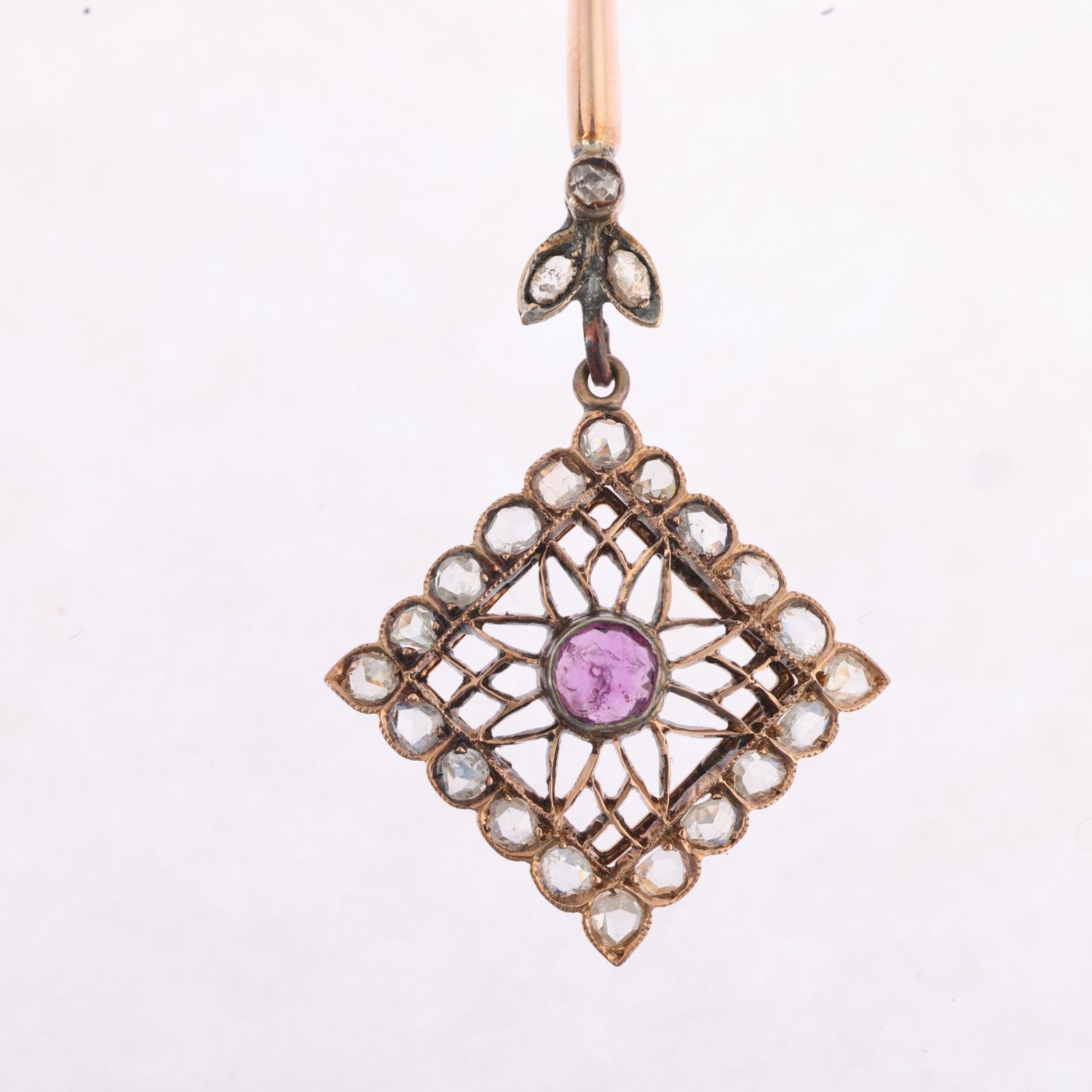 A fine Edwardian ruby and diamond openwork drop pendant necklace, the square flowerhead pierced drop - Image 2 of 4