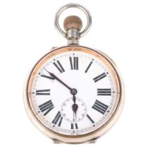 An early 20th century nickel open-face keyless Goliath pocket watch, white enamel dial with Roman