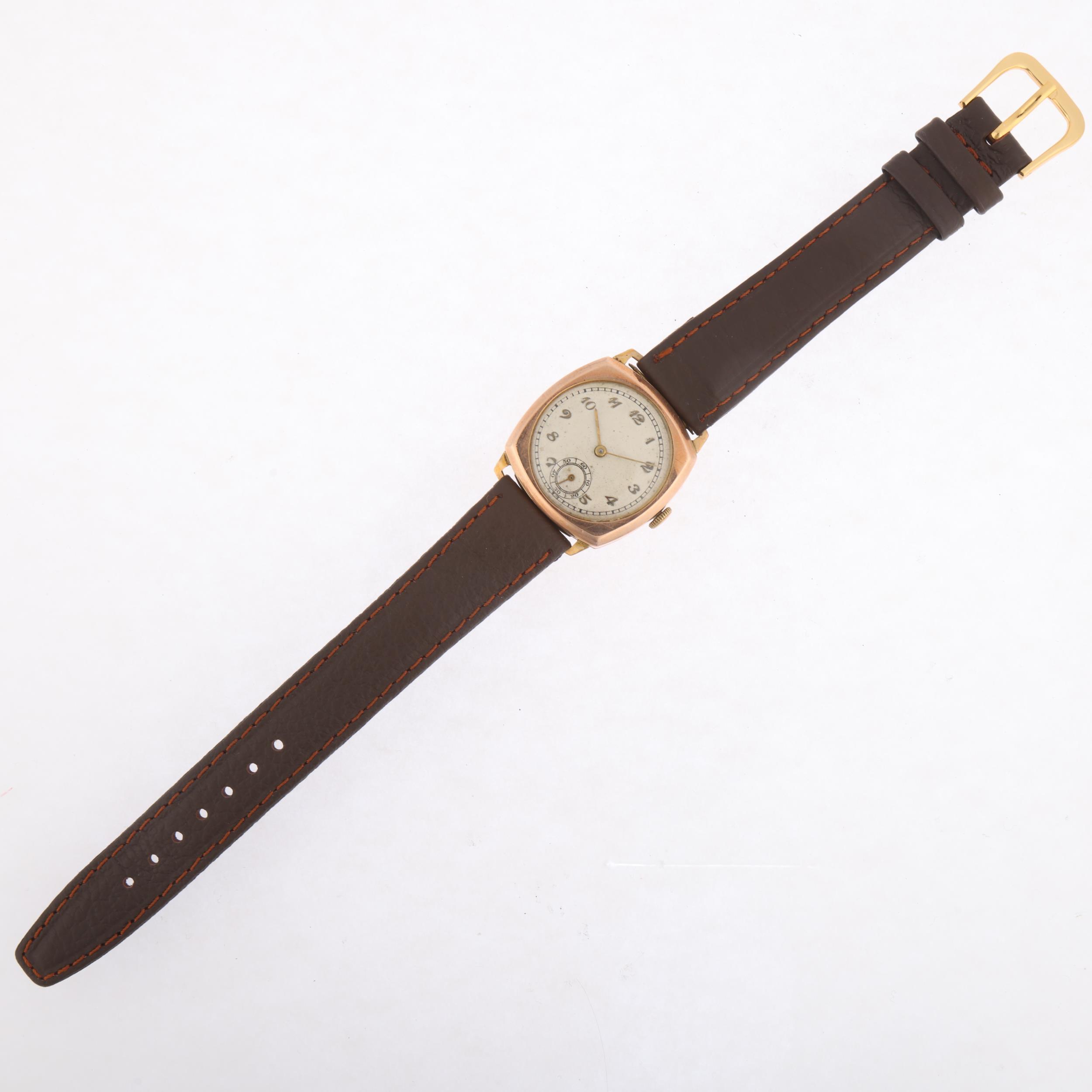 A mid-20th century 9ct rose gold cushion-cased mechanical wristwatch, silvered dial with applied - Image 2 of 5