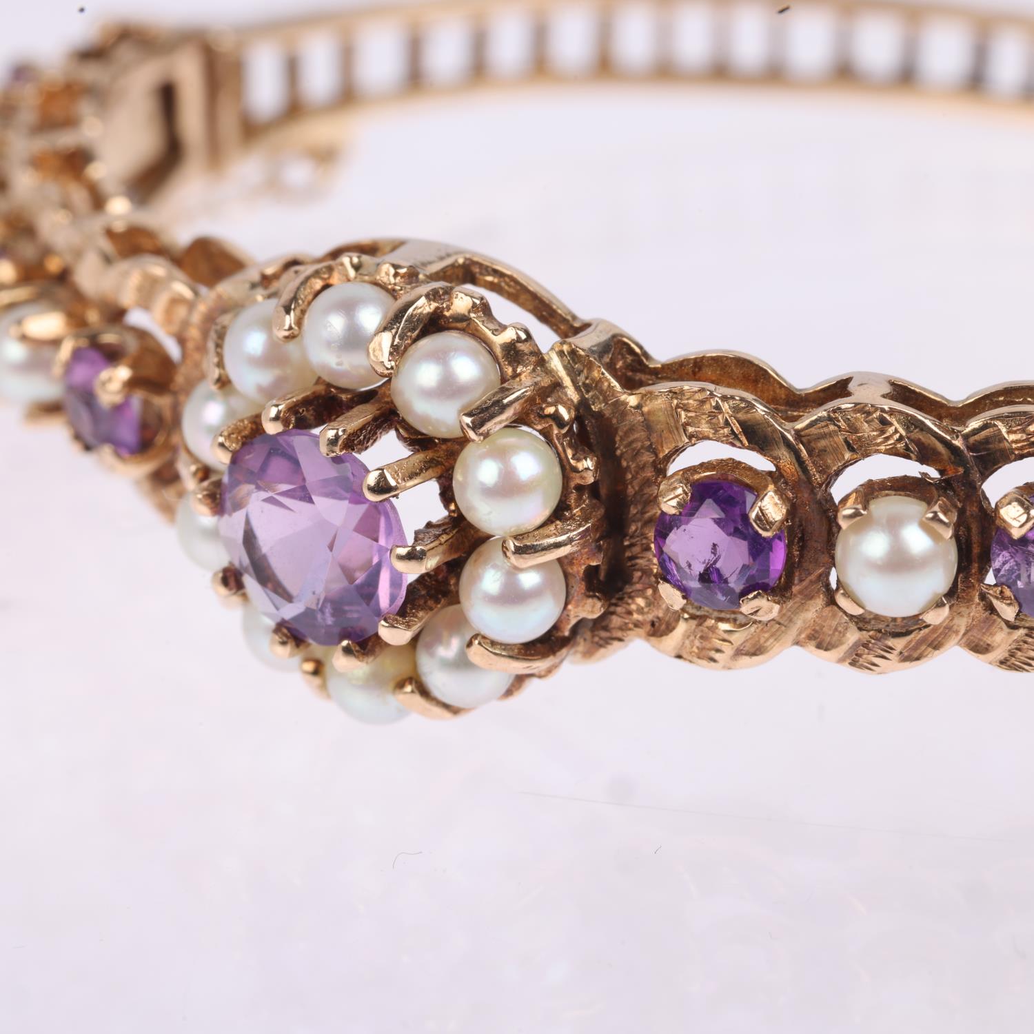 A late 20th century 9ct gold amethyst and pearl cluster hinged bangle, no maker's mark of date - Image 2 of 4