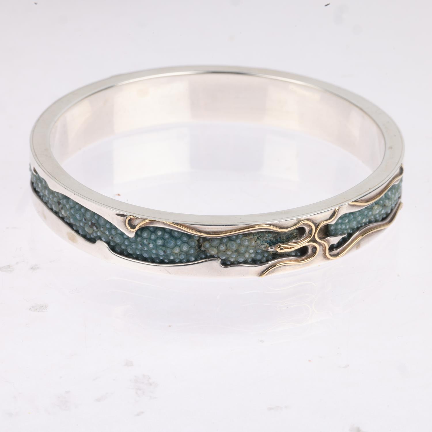 CLIVE & CLARISSA COOKE - a sterling silver 18ct gold overlaid shark skin shagreen slave bangle, - Image 2 of 3