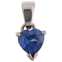 A modern sapphire heart drop pendant, unmarked settings test as 9ct white gold, 12.8mm, 0.7g No