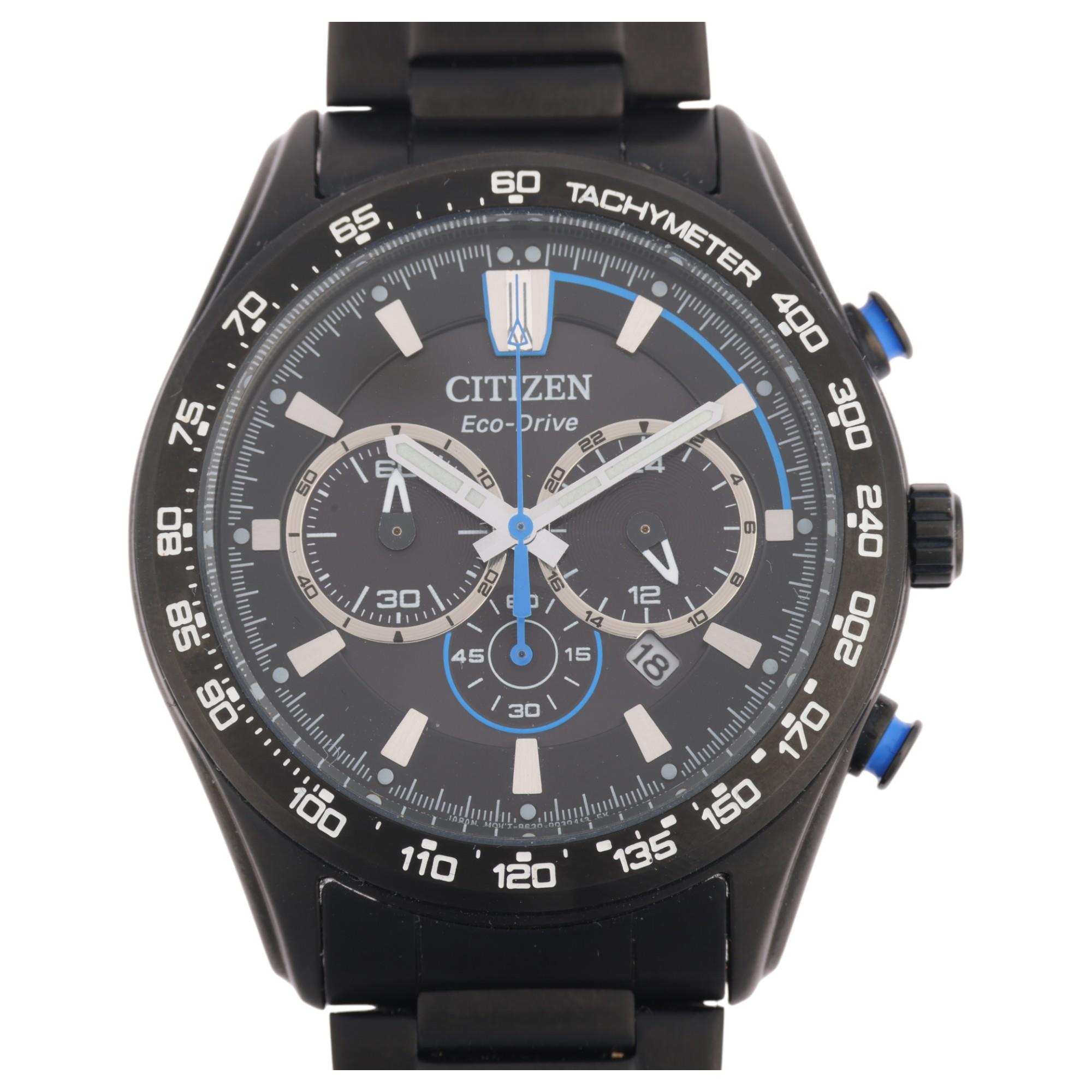 CITIZEN - a black coated stainless steel Eco-Drive quartz chronograph calendar bracelet watch,