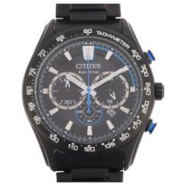 CITIZEN - a black coated stainless steel Eco-Drive quartz chronograph calendar bracelet watch,