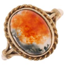 A 1970s 9ct gold moss agate dress ring, maker S&Co, Birmingham 1972, set with oval cabochon agate,