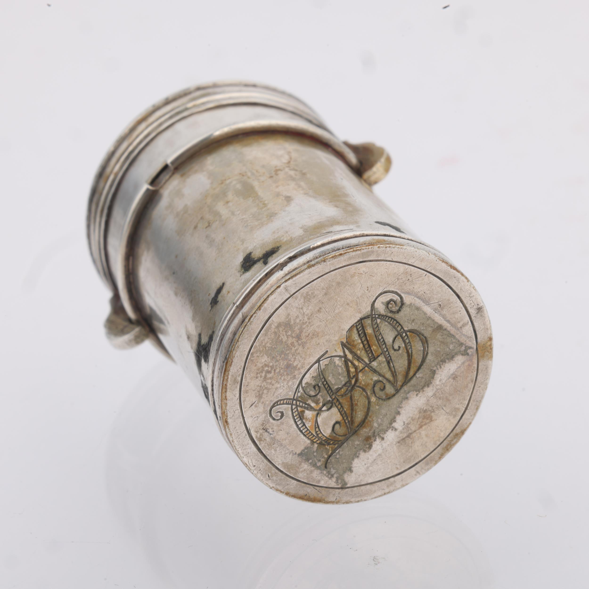 A 17th century silver counter box, cylindrical form with engraved armorial crest within wreath, - Image 3 of 3