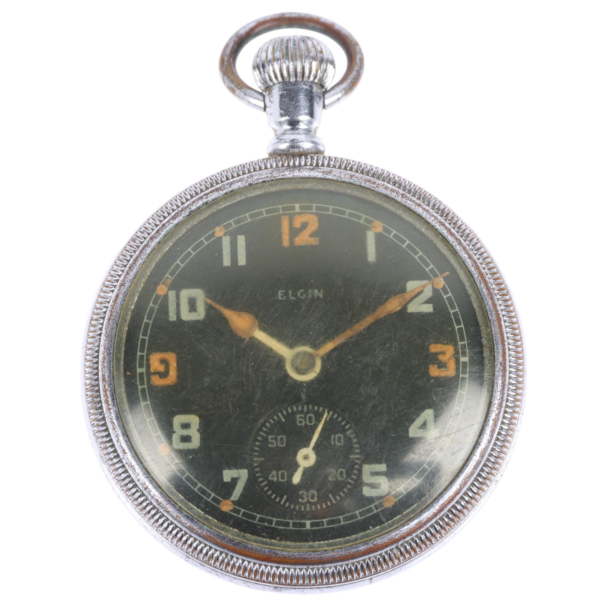 ELGIN - a Second World War Period nickel plated open-face keyless pocket watch, black dial with