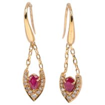 A pair of Italian 18ct gold ruby and diamond marquise drop earrings, set with pear-cut rubies,